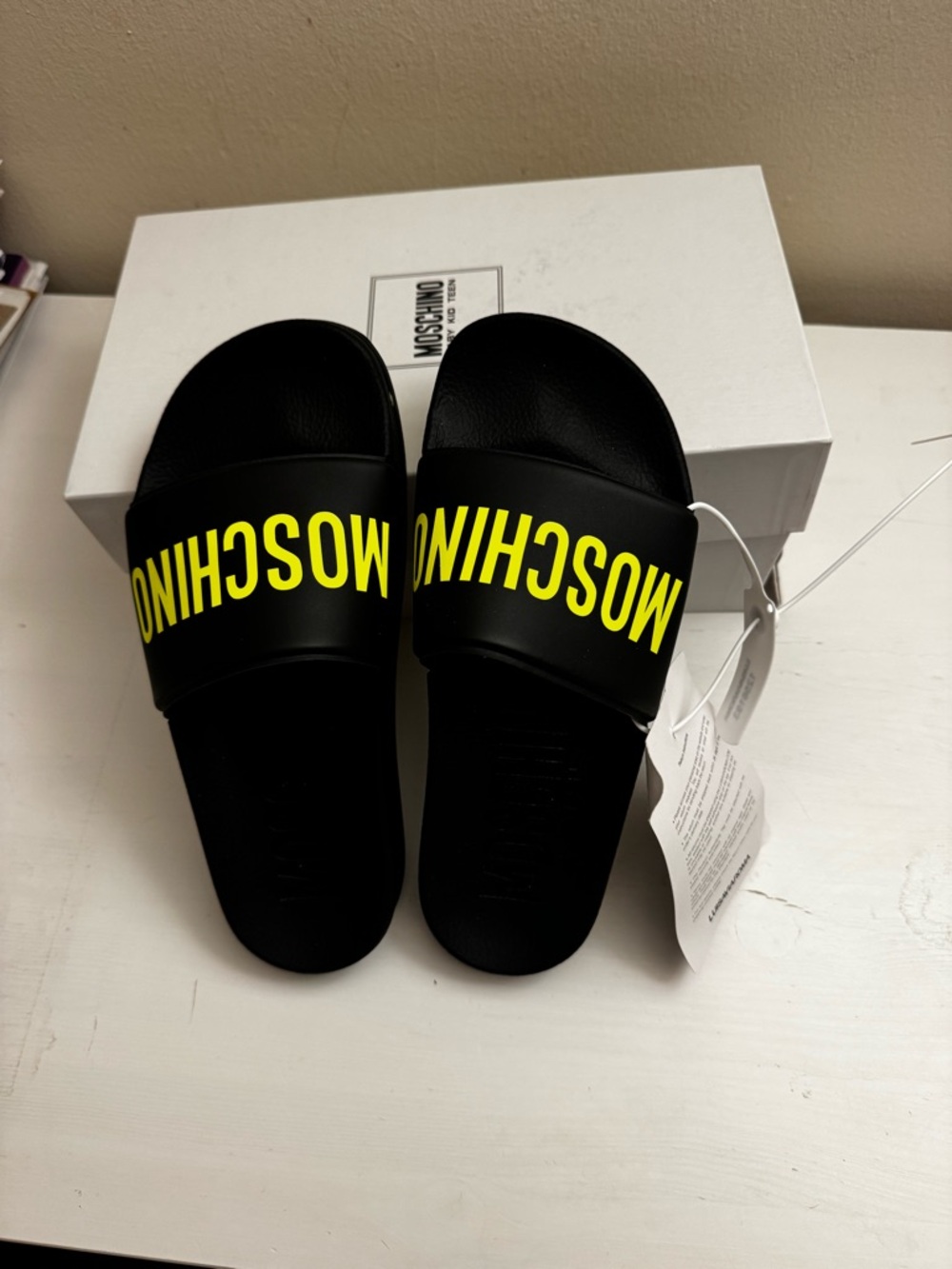 Moschino Black Slides with Neon Yellow Logo Accents